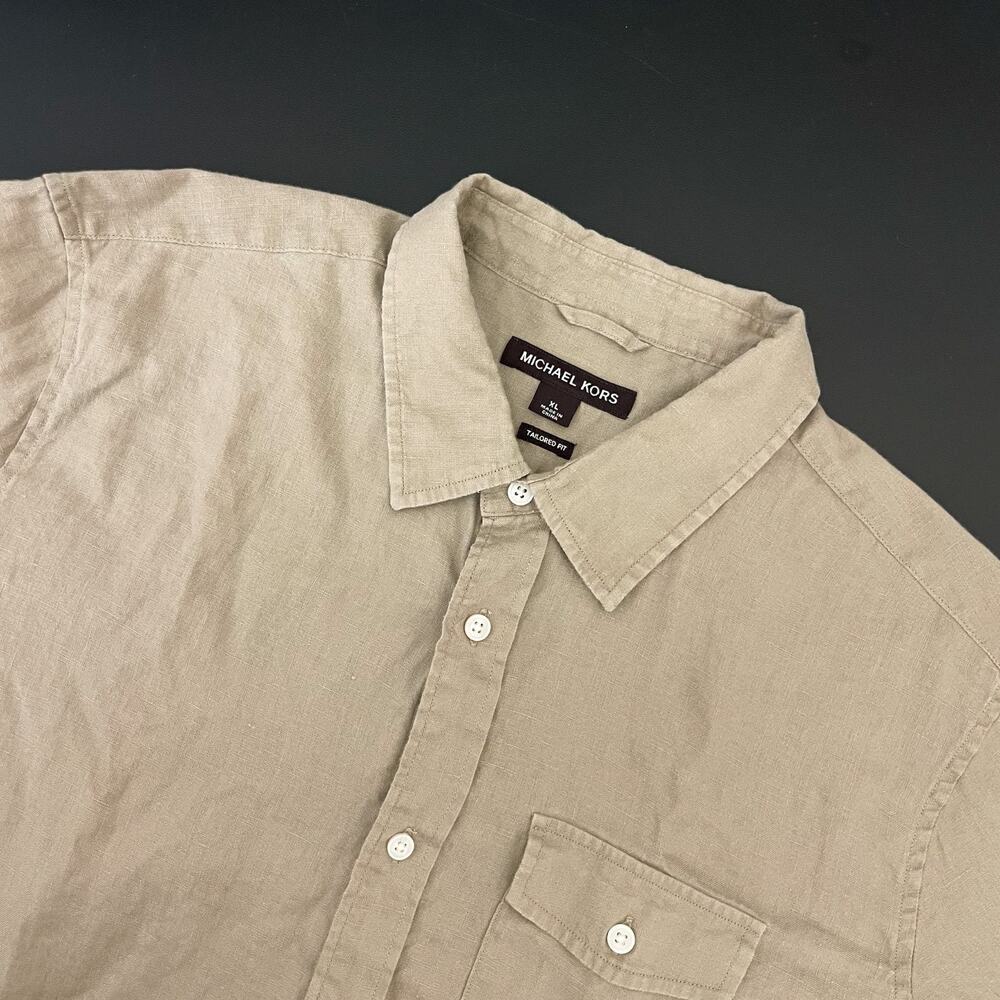 Michael Kors Linen Shirt Mens XL Beige Tailored Fit Button Up Roll Tab Sleeve